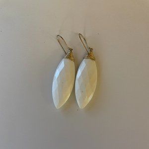 Statement Earrings White Feather Shape Gemstone on Gold Wire